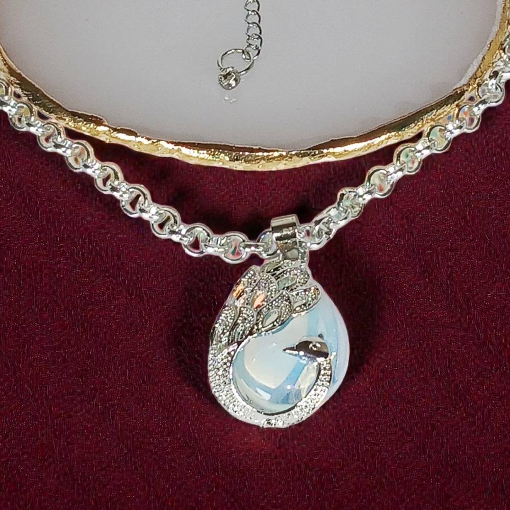 Chunky Silver Opalite Peacock Pendant Enchanted Choker Bling Modern Retro Glam